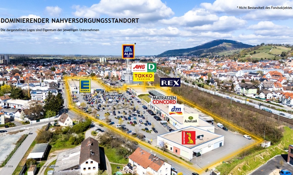Luftaufnahme des Fachmarktzentrums in Bensheim