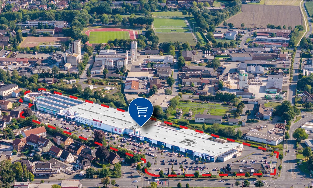 Luftbild des Fachmarktzentrums Warendorf im Münsterland, Objekt des ILG Fonds Nr. 46
