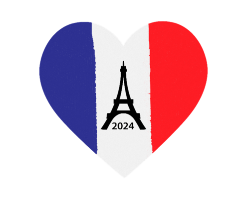 Herz in den französischen Nationalfarben mit Eifelturm als Symbol für Olympia 2024 in Paris